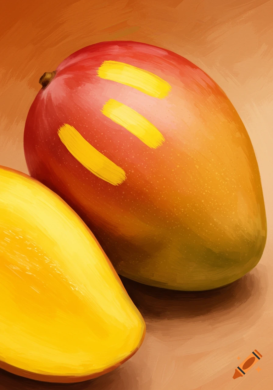 A close-up painted illustration of a ripe red, orange, and yellow mango with yellow brush strokes on its skin, next to a yellow mango slice.