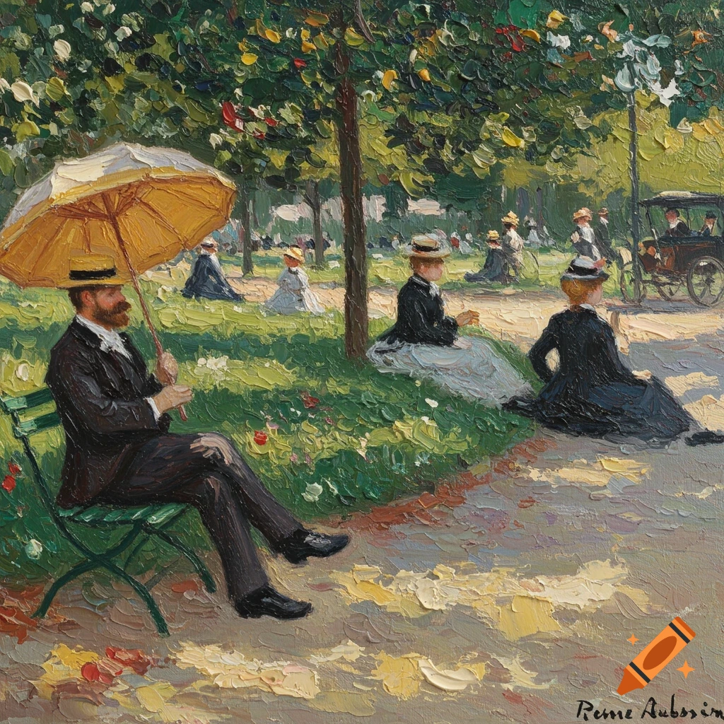 Impressionistic oil painting of people relaxing in a sunny park under trees, featuring thick brushstrokes.