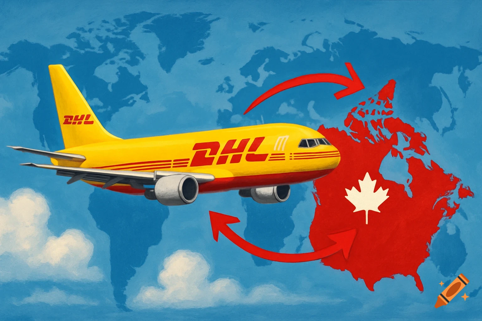 A yellow DHL airplane flies over a blue world map, with red arrows pointing to and from a red map of Canada with a maple leaf.