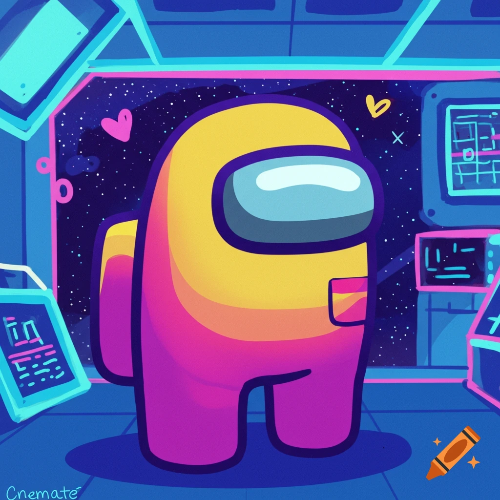 A yellow and pink Among Us character stands inside a spaceship, looking out a window at a starry sky. The style is cartoonish and colorful.