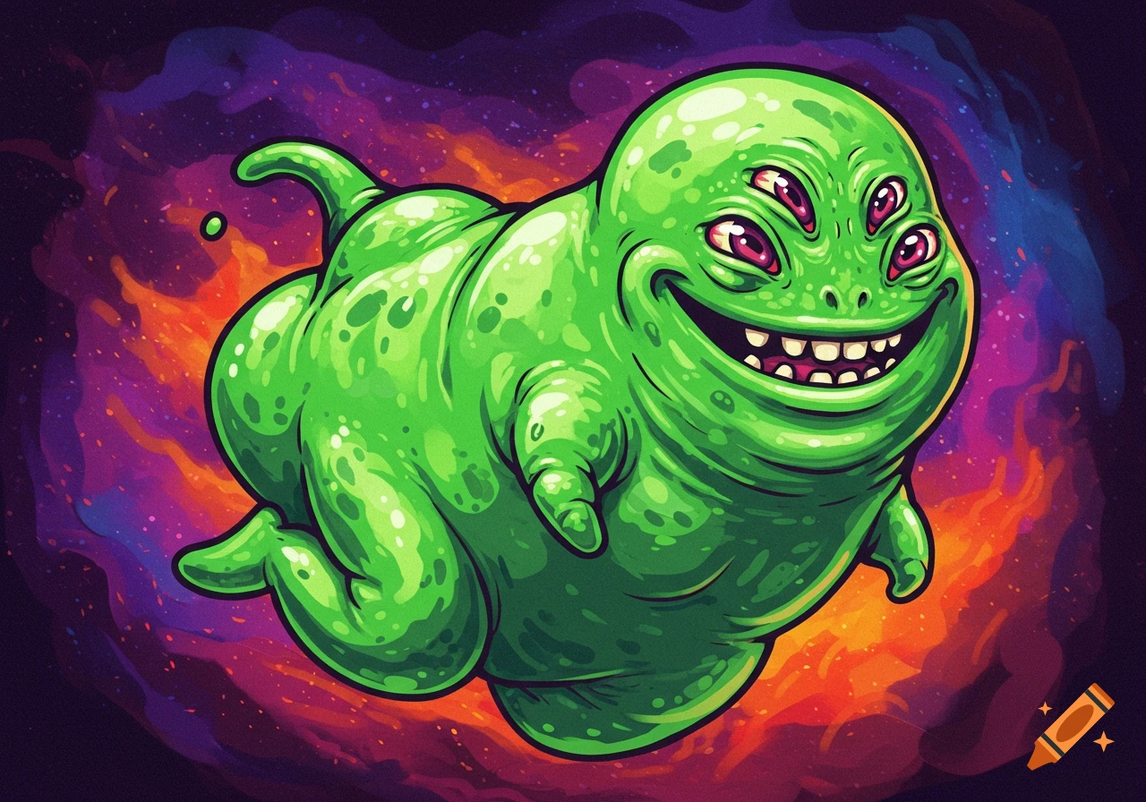 A cartoonish, plump green alien with six pink eyes and a wide, toothy grin floats in a vibrant purple and orange cosmic background.