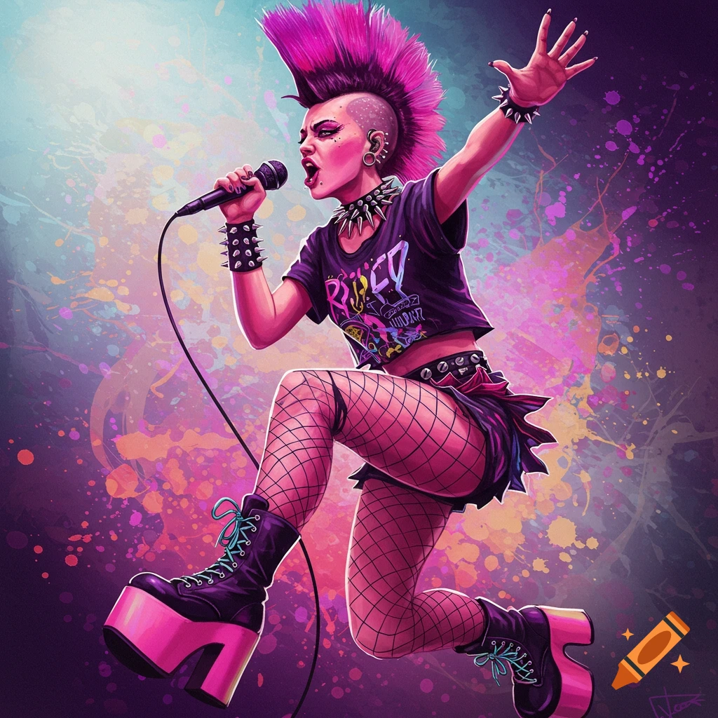 A vibrant illustration of a punk rock woman with a pink mohawk, fishnets, and platform boots, singing into a microphone on a colorful stage.