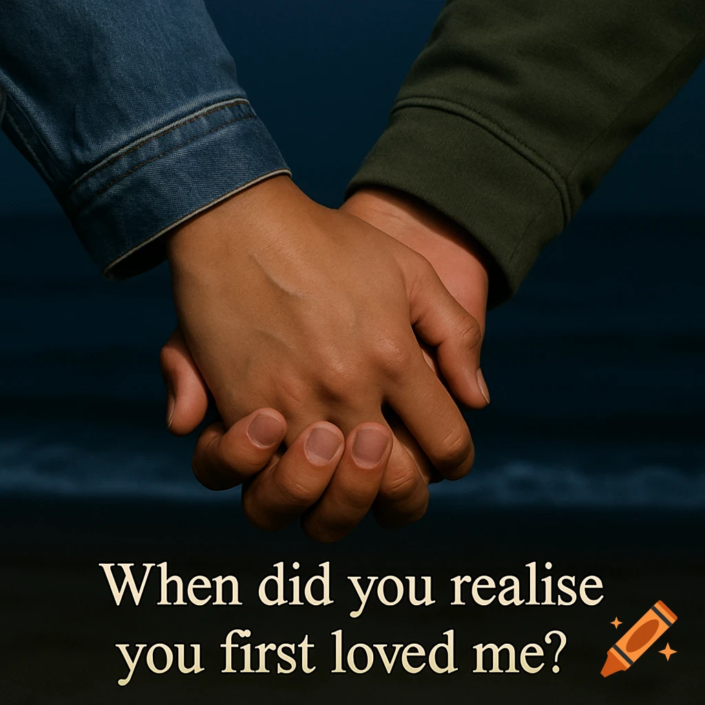 Close-up photorealistic image of two people holding hands, one in denim, one in dark green, with the quote 'When did you realise you first loved me?'