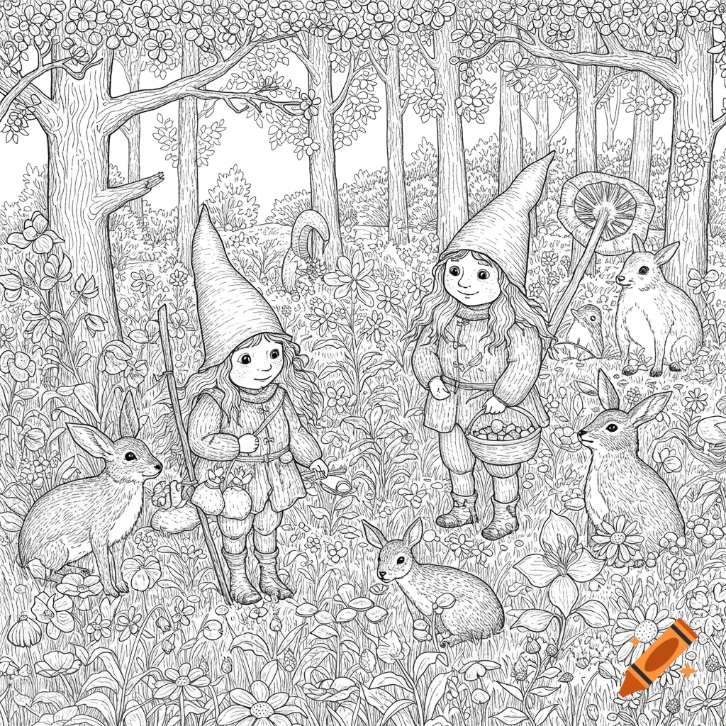 Two gender-neutral gnomes and several rabbits in a detailed hand-drawn forest scene, black and white line art for a coloring book.