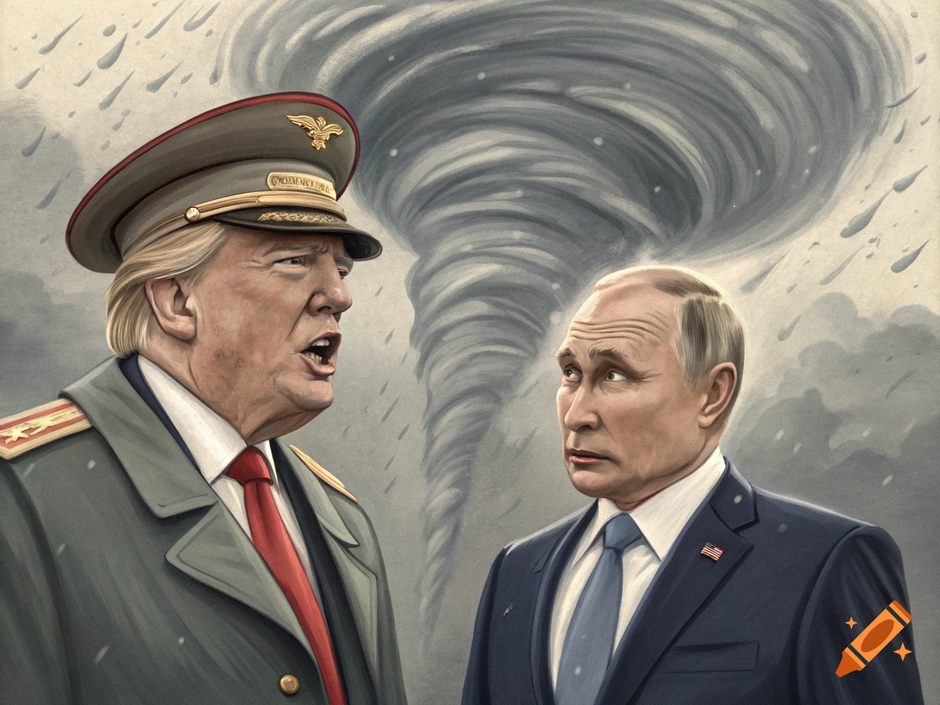 Caricature of Donald Trump in military uniform and Vladimir Putin in a suit, looking at a large tornado under a stormy sky.