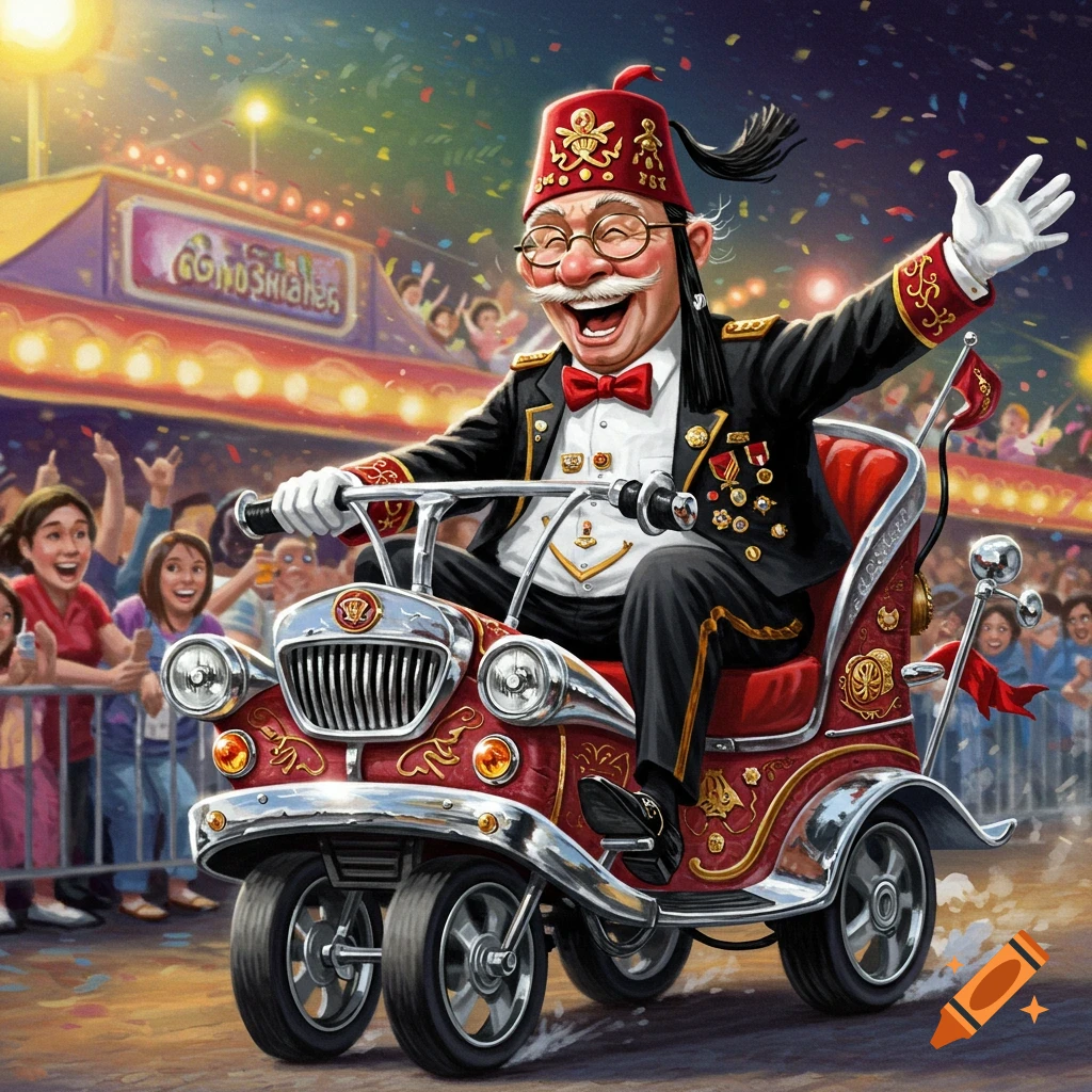 A jubilant Shriner in a red fez and formal attire rides a decorated, custom mini-car in a parade, waving to cheering crowds under falling confetti.