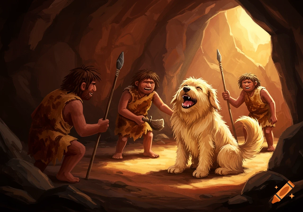 Cartoon illustration of three cavemen smiling at a large, happy dog inside a cave, with one holding an axe and another a spear.