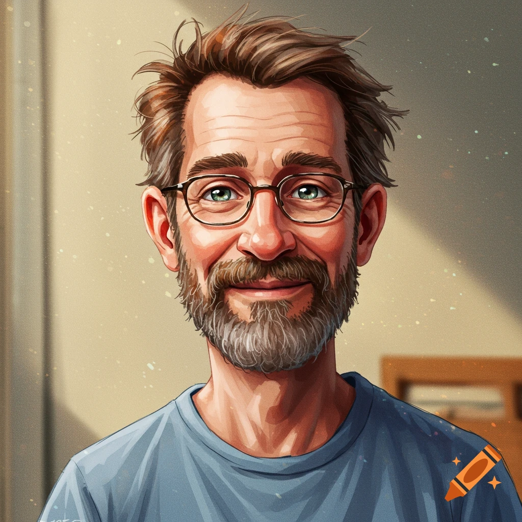 Close-up stylized portrait of a smiling man with brown hair, a beard, and glasses, wearing a blue shirt.