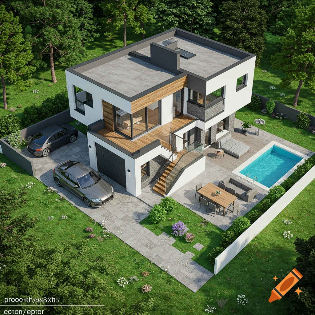 Aerial view of a modern white and gray house with wood accents, a swimming pool, and two cars, surrounded by green grass and trees.