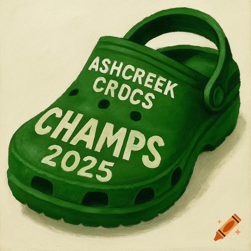 A textured illustration of a single green Croc shoe with the words ASHCREEK CROCS CHAMPS 2025 written in white.