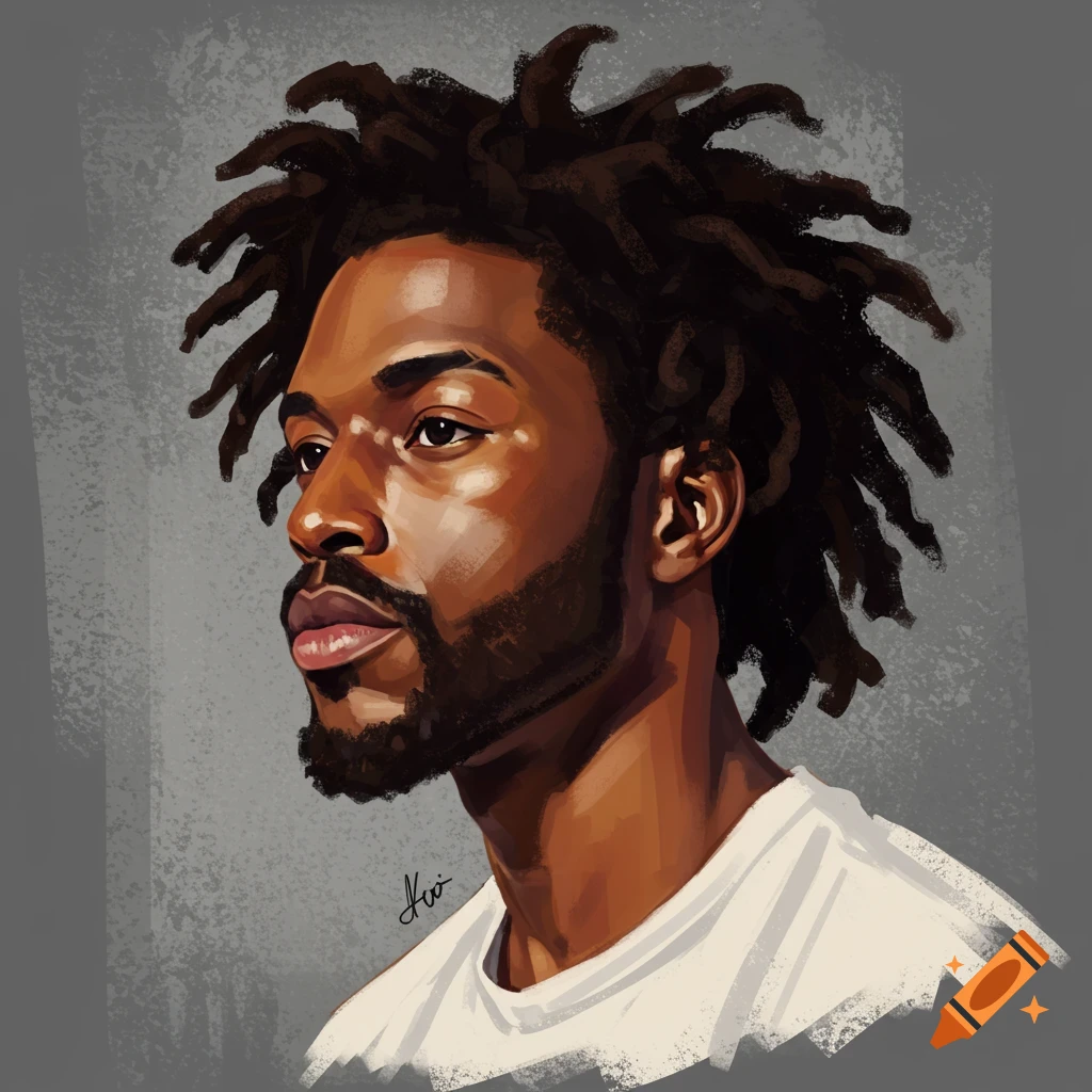 A digital painting portrait of a Black man with locs looking to the left, with warm lighting on his face.