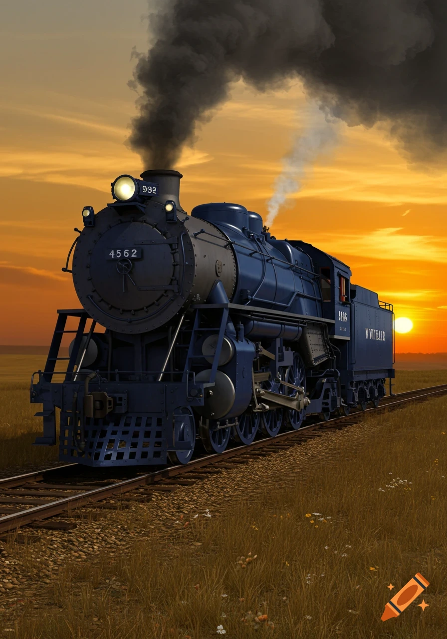 A detailed blue steam locomotive on tracks in a grassy field, emitting smoke, against a vibrant orange sunset.