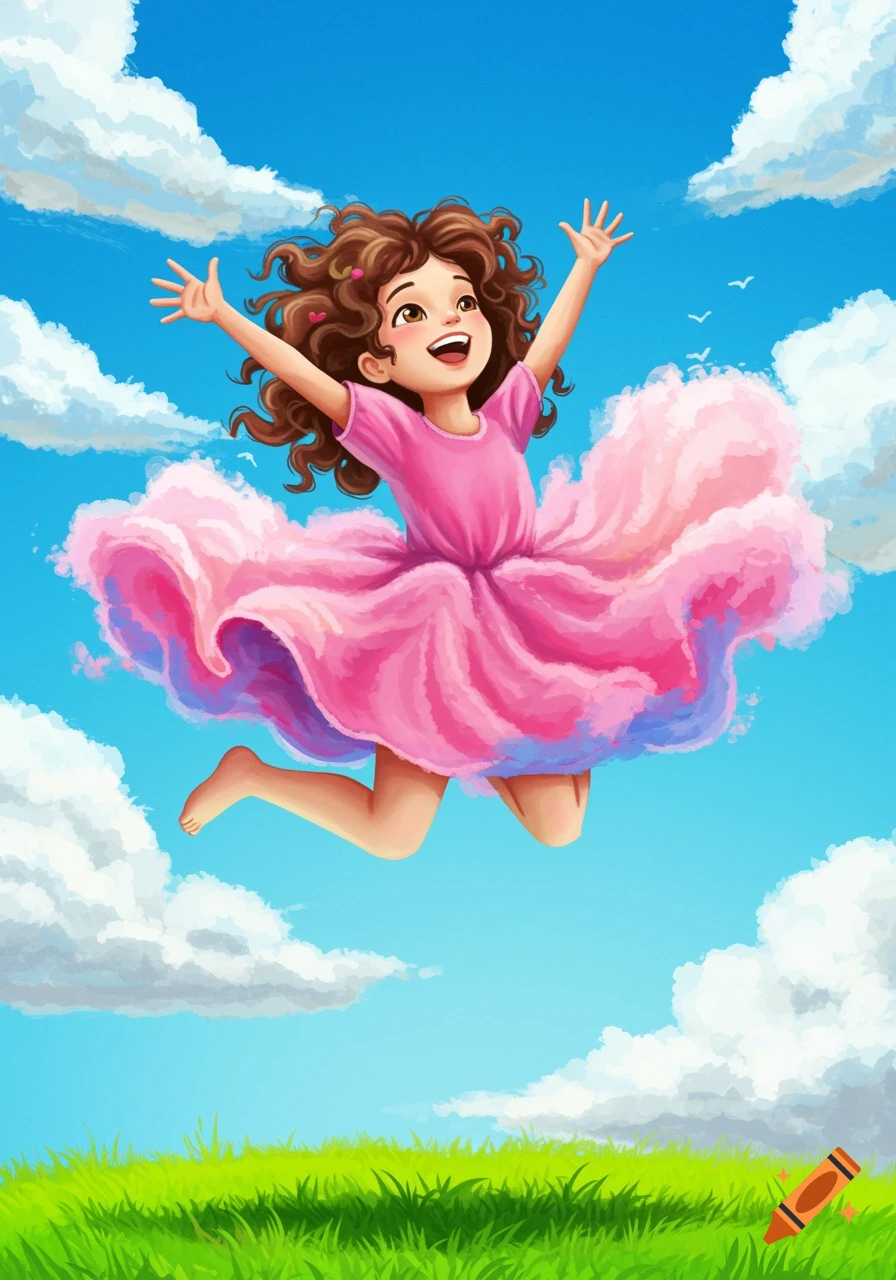 A cartoon girl with curly hair jumps joyfully in the sky with clouds and grass below.