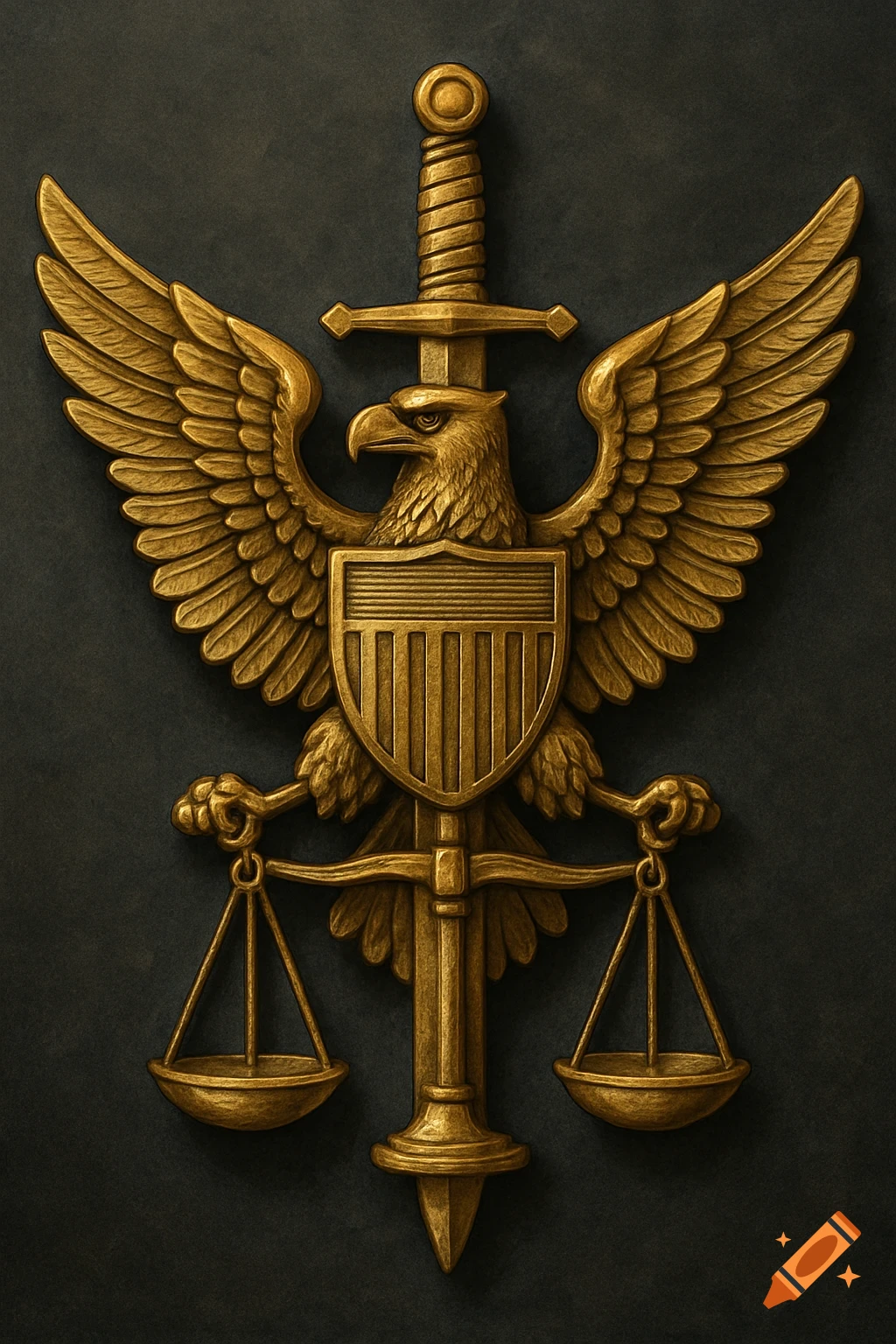 Golden emblem with an eagle, sword, shield, and scales of justice on a dark background.