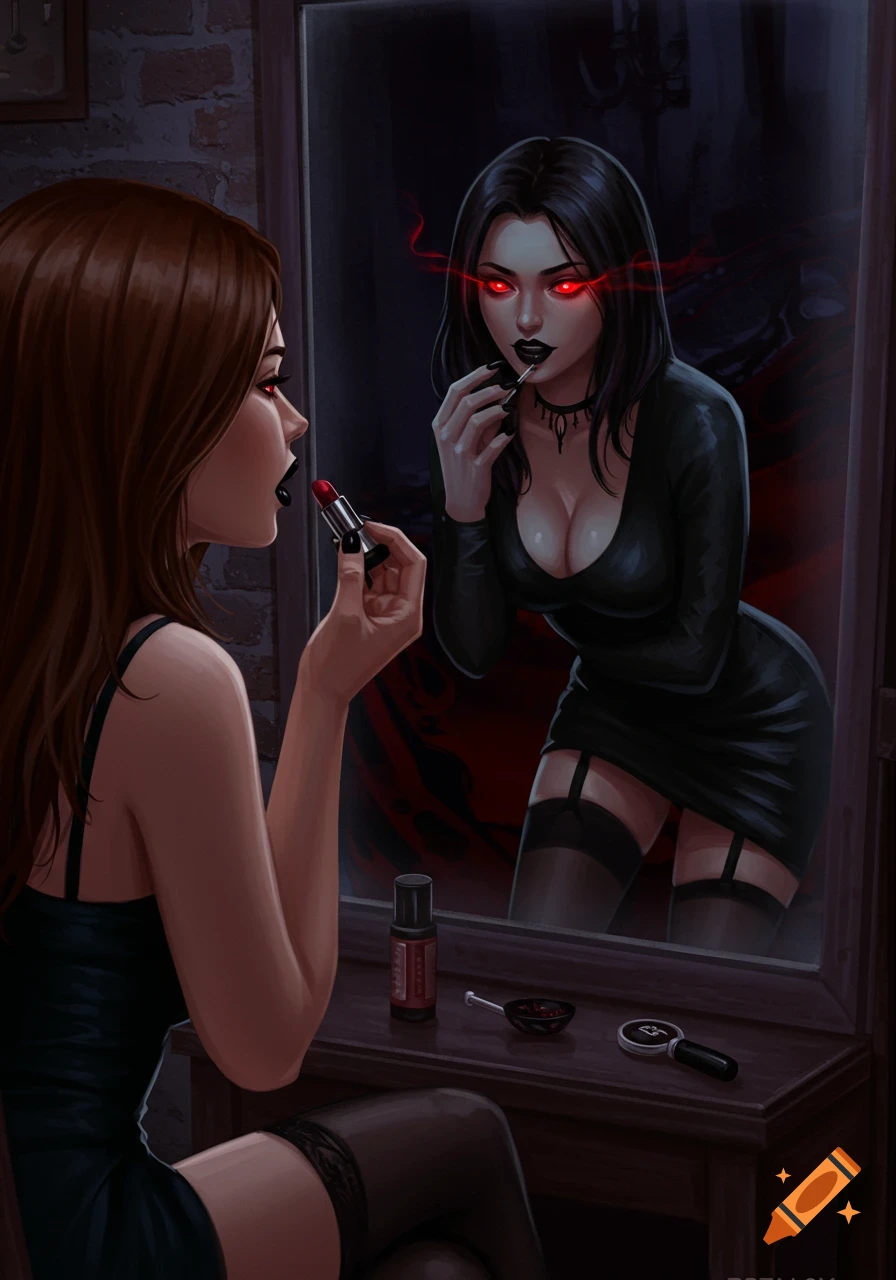 A woman applying lipstick in a mirror, her reflection transformed into a dark, red-eyed seductress in a black dress, digital art.