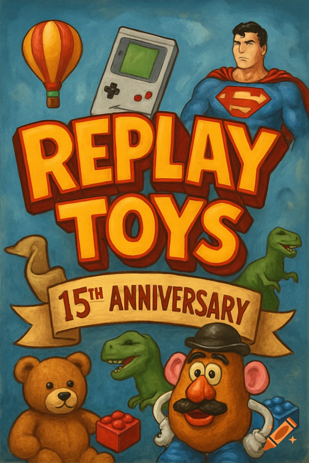 An illustrative poster for 'Replay Toys 15th Anniversary' featuring a hot air balloon, Game Boy, Superman, Mr. Potato Head, a teddy bear, and dinosaurs.