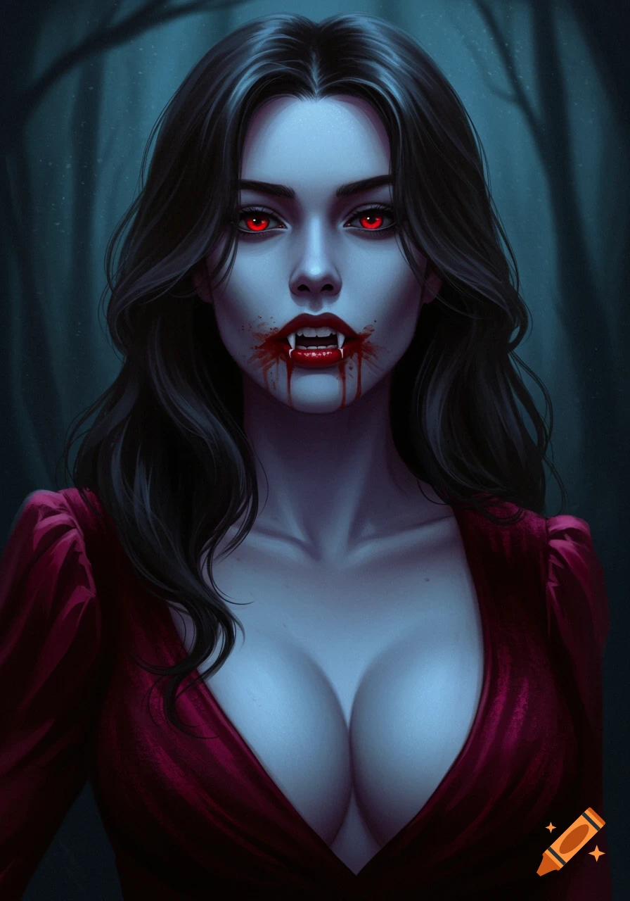 A digital painting of a female vampire with red eyes, fangs, and blood on her mouth, wearing a red dress against a dark forest.