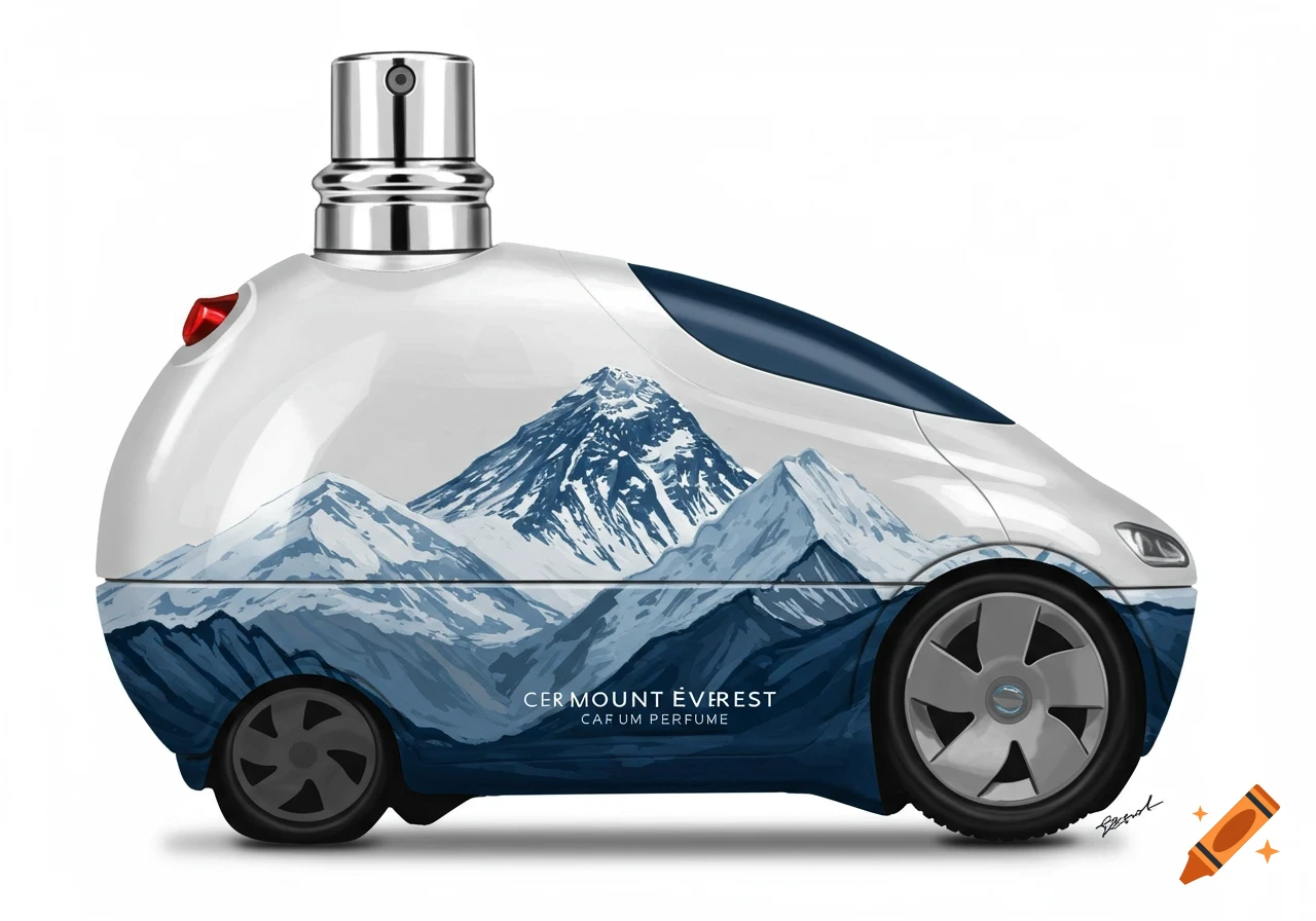 A futuristic white and blue car-shaped perfume bottle featuring a detailed illustration of snow-capped mountains and text on its side.
