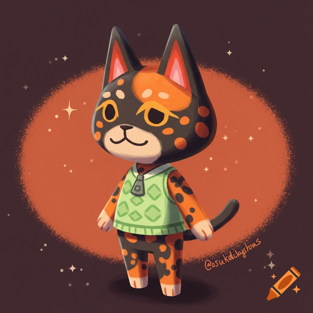 A black and orange tortoise shell cat character, resembling an Animal Crossing villager, wearing a green vest, stands against an orange background with sparkles.