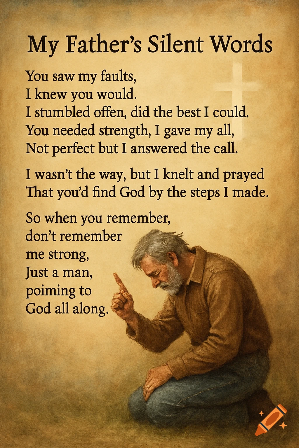 A sepia-toned illustration of an old man with a beard kneeling on the ground, pointing his finger upwards. A poem titled "My Father's Silent Words" is displayed prominently next to him, with a faint cross in the background.