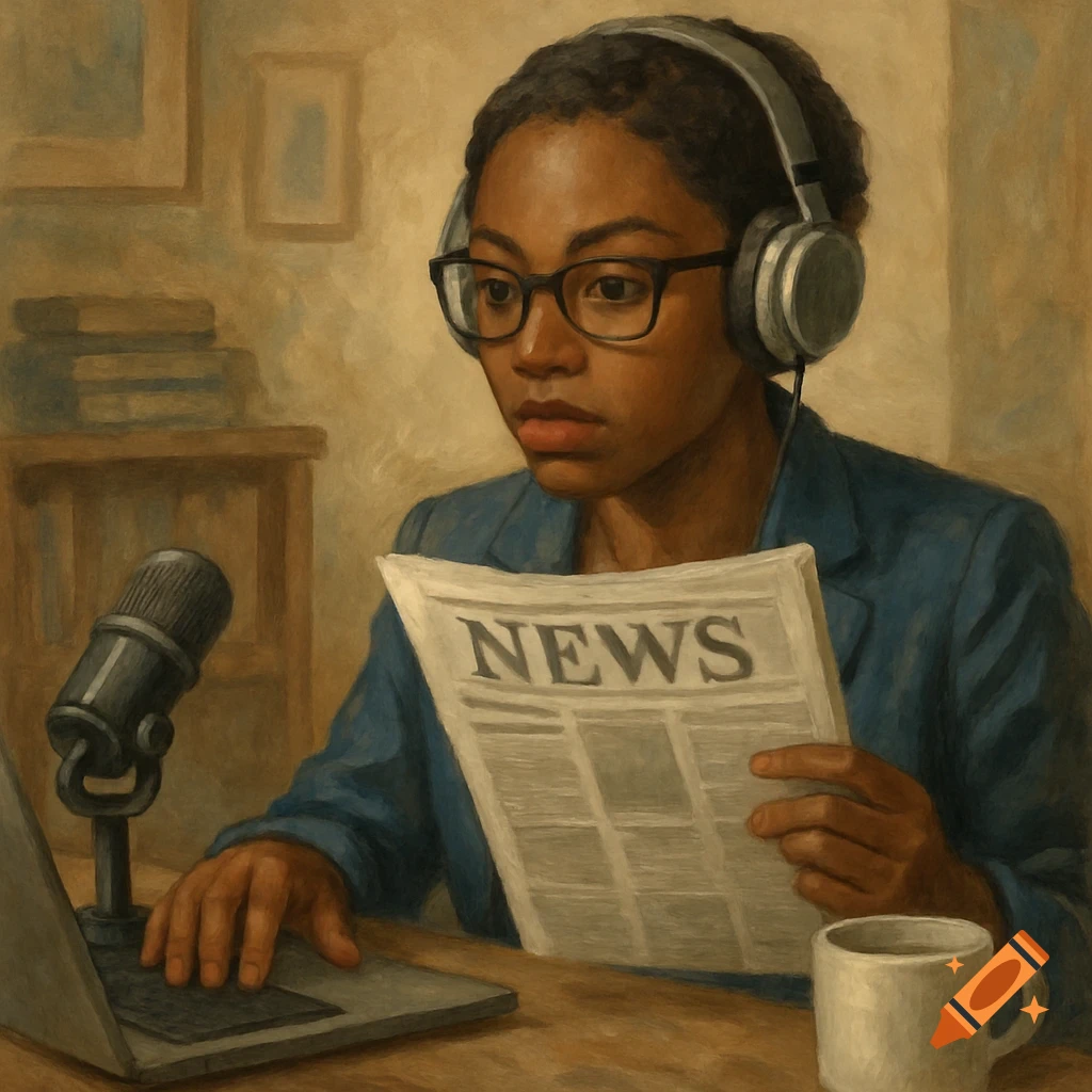 A person with headphones and glasses reads a newspaper marked "NEWS" at a desk with a microphone and laptop, in a painterly style.