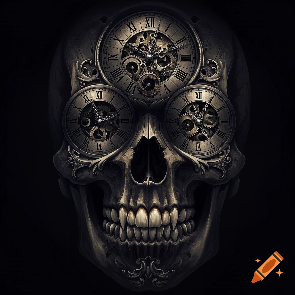 A dark, detailed image of a skull with three large clock faces embedded in its forehead and eye sockets, showing intricate gears.