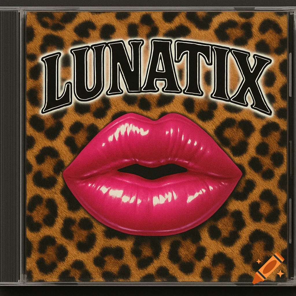 A Y2K-style album cover featuring a leopard print background, glossy pink lips, and the word LUNATIX.