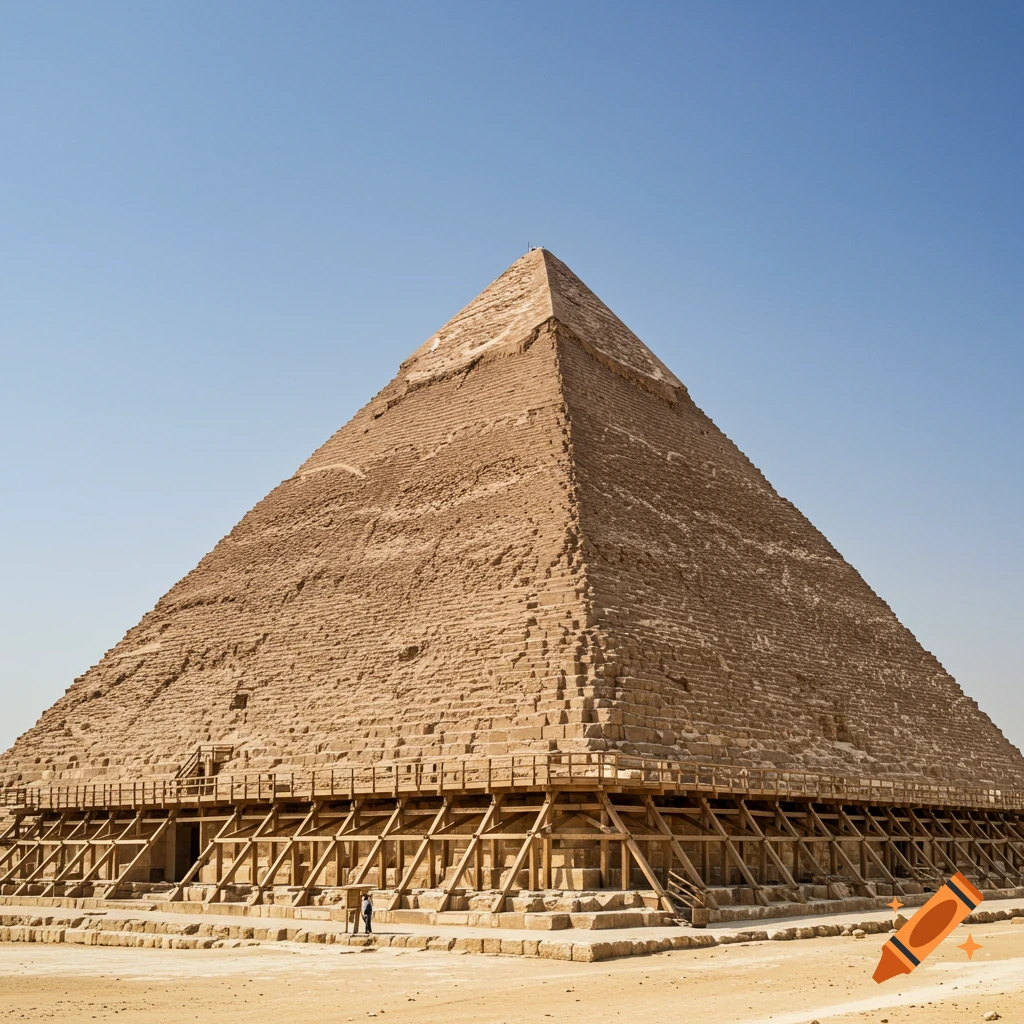 A photorealistic image of the Great Pyramid of Giza with wooden scaffolding at its base, under a clear blue sky.