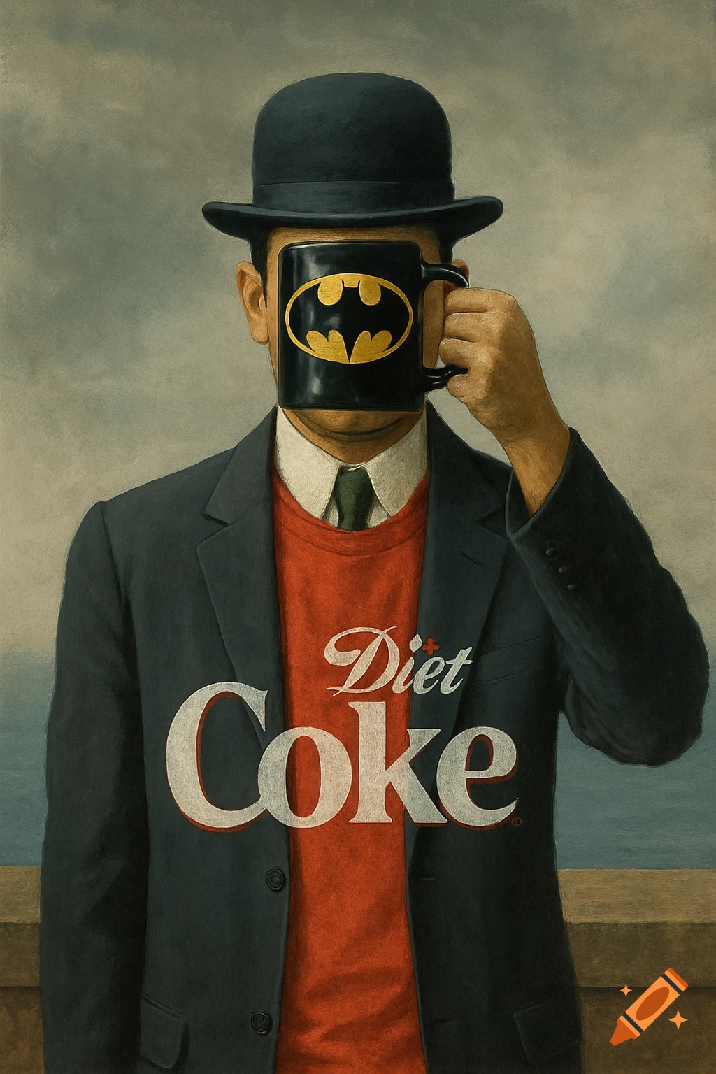 A surreal painting of a man in a suit and bowler hat holding a Batman mug in front of his face, wearing a red Diet Coke t-shirt.
