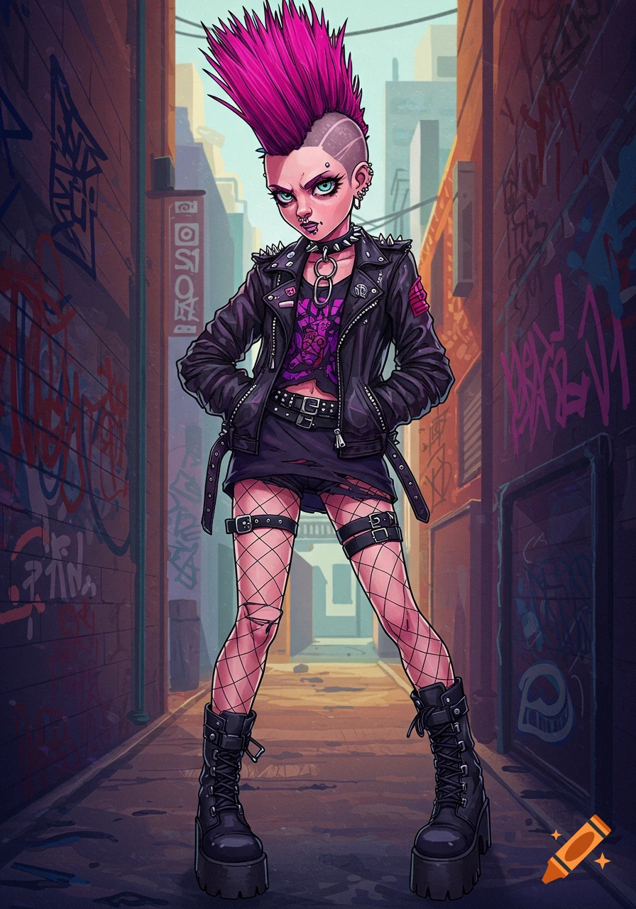 Anime style illustration of a punk rock girl with a pink mohawk ...