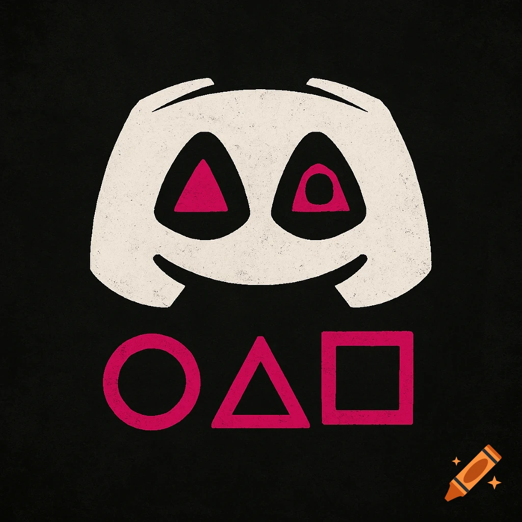 A stylized white Discord logo with pink Squid Game shapes for eyes and below it, on a black background.