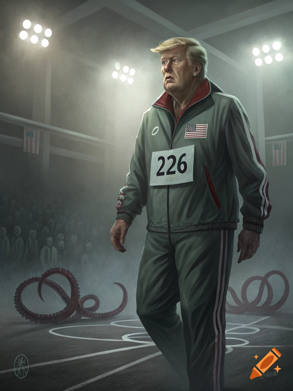 Digital illustration of Donald Trump in a green Squid Game tracksuit with bib 226, standing in a stadium with red tentacles and a blurry crowd.