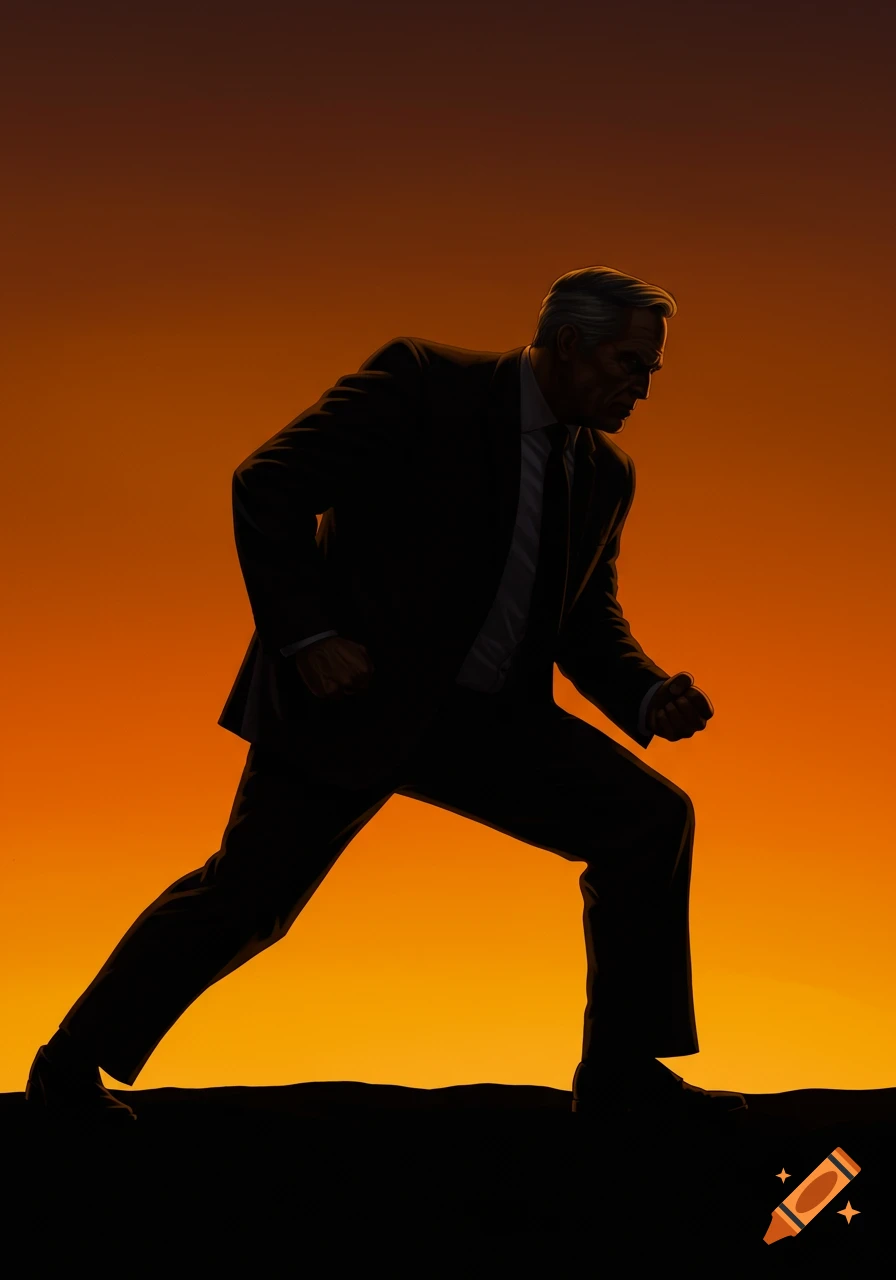 Silhouette of an older man in a suit posing against an orange and yellow sunset background.