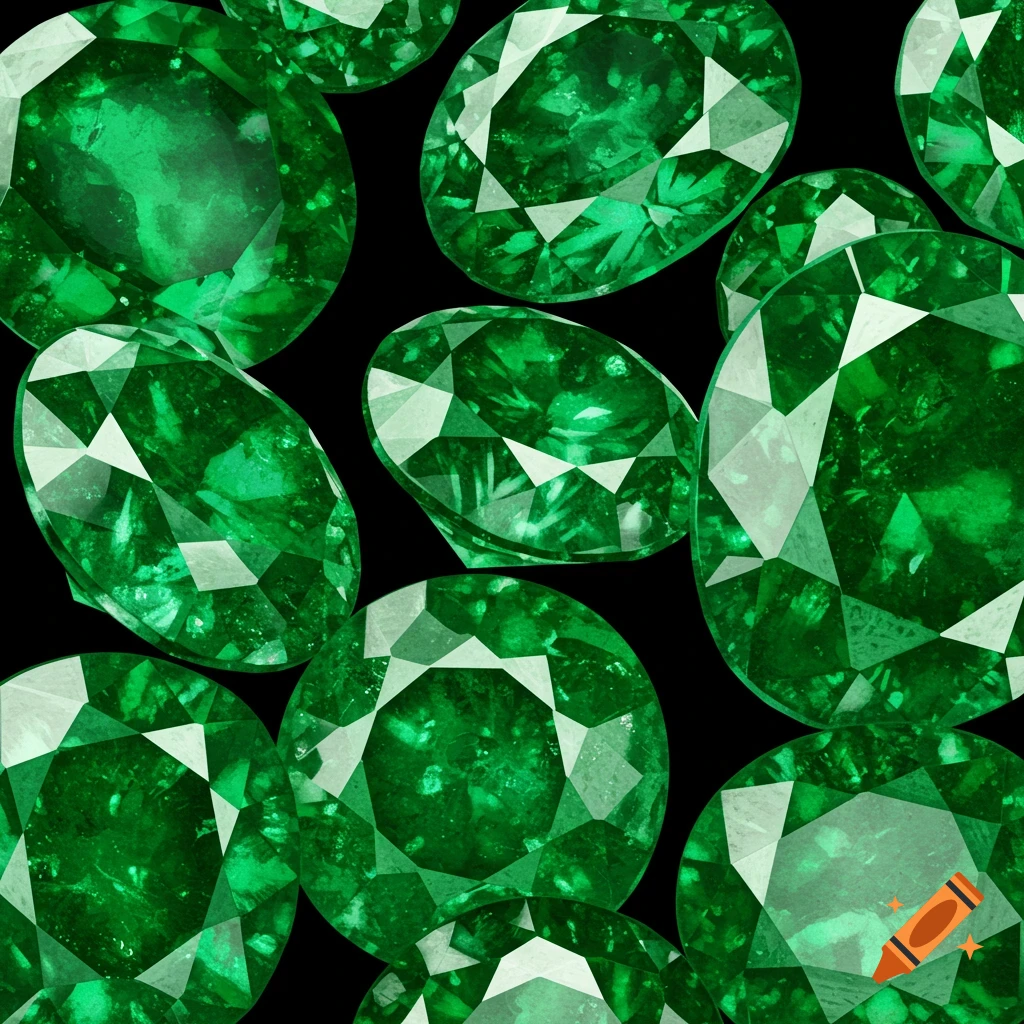 Close-up of multiple sparkling green emerald gemstones on a black background.