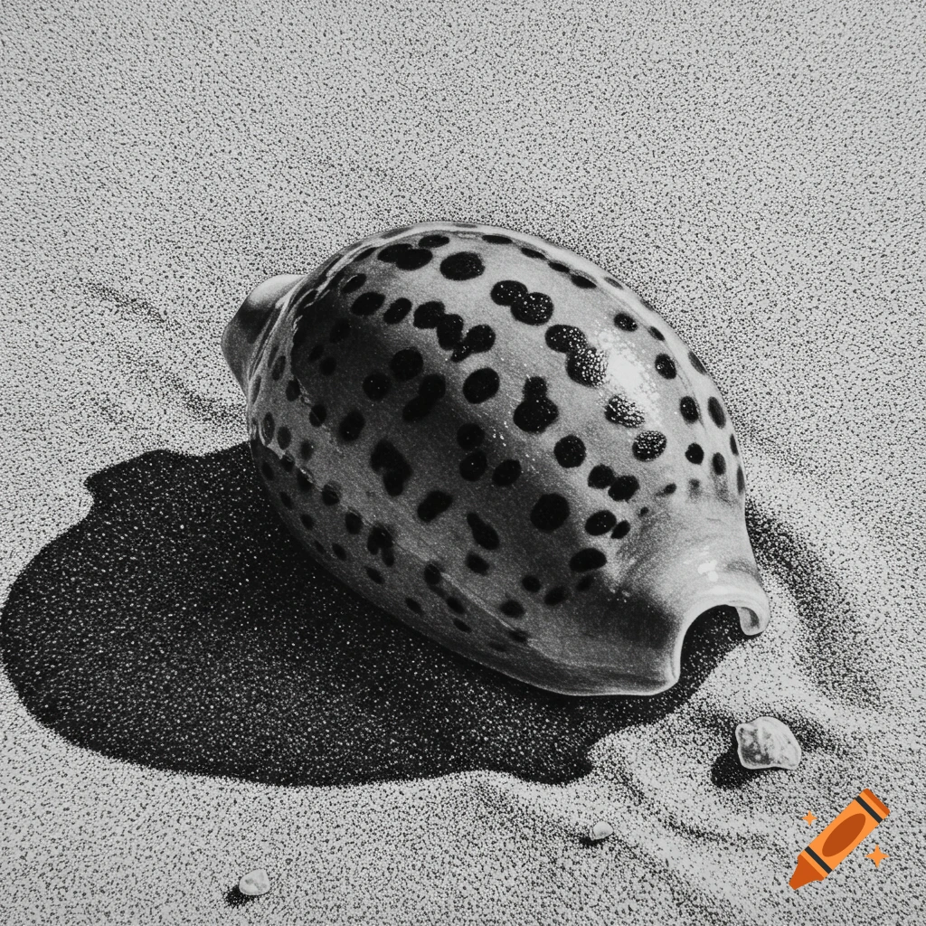 Monochrome stipple art drawing of a spotted cowrie shell on a sandy beach.