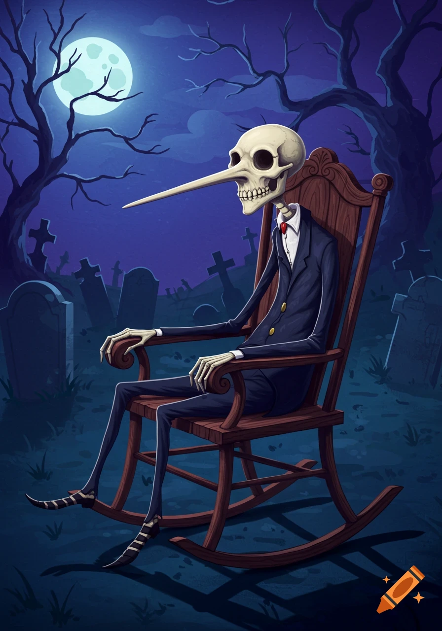 A stylized skeleton with a very long nose sits in a rocking chair in a graveyard under a full moon, in a dark, spooky illustration.