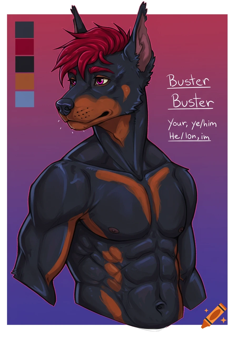 Digital illustration of a muscular, anthropomorphic Doberman named Buster with red spiky hair, black and tan fur, and a color palette beside him.