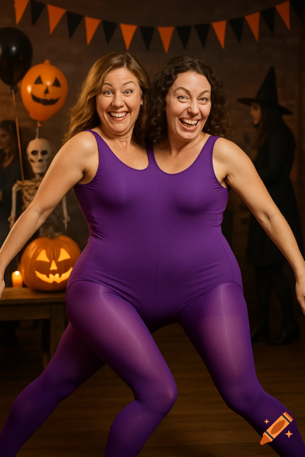 Two women in a single purple leotard and tights create a two-headed illusion at a Halloween party with pumpkins and skeletons.
