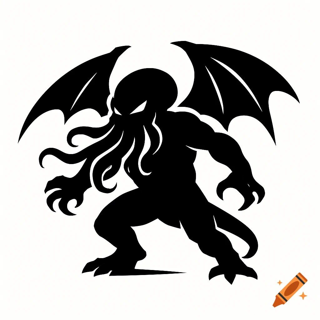 A black silhouette logo of the Cthulhu monster in an action pose on a white background.
