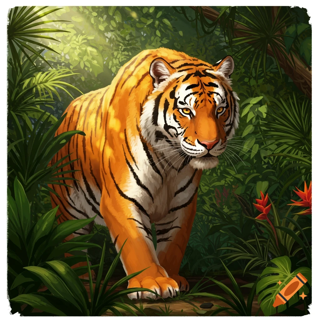 An illustrated tiger with orange and black stripes walks through a lush green jungle with sunlight filtering through the leaves.