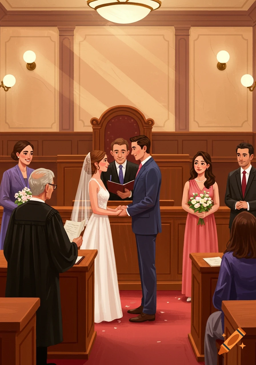 A stylized illustration of a couple getting married in a courthouse, officiated by a judge, with attendees watching.
