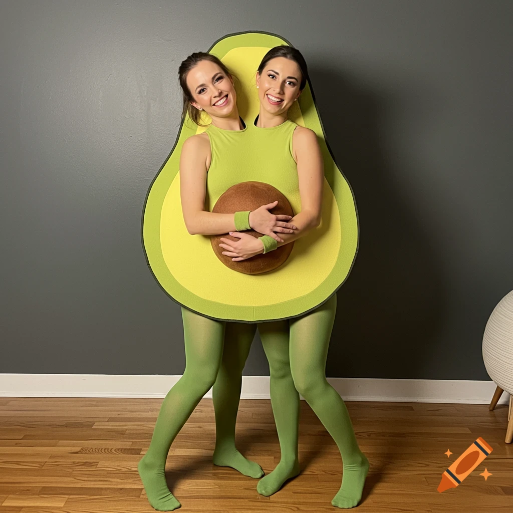 Two smiling women in a two-person avocado costume, creating a two-headed illusion, standing against a grey wall.