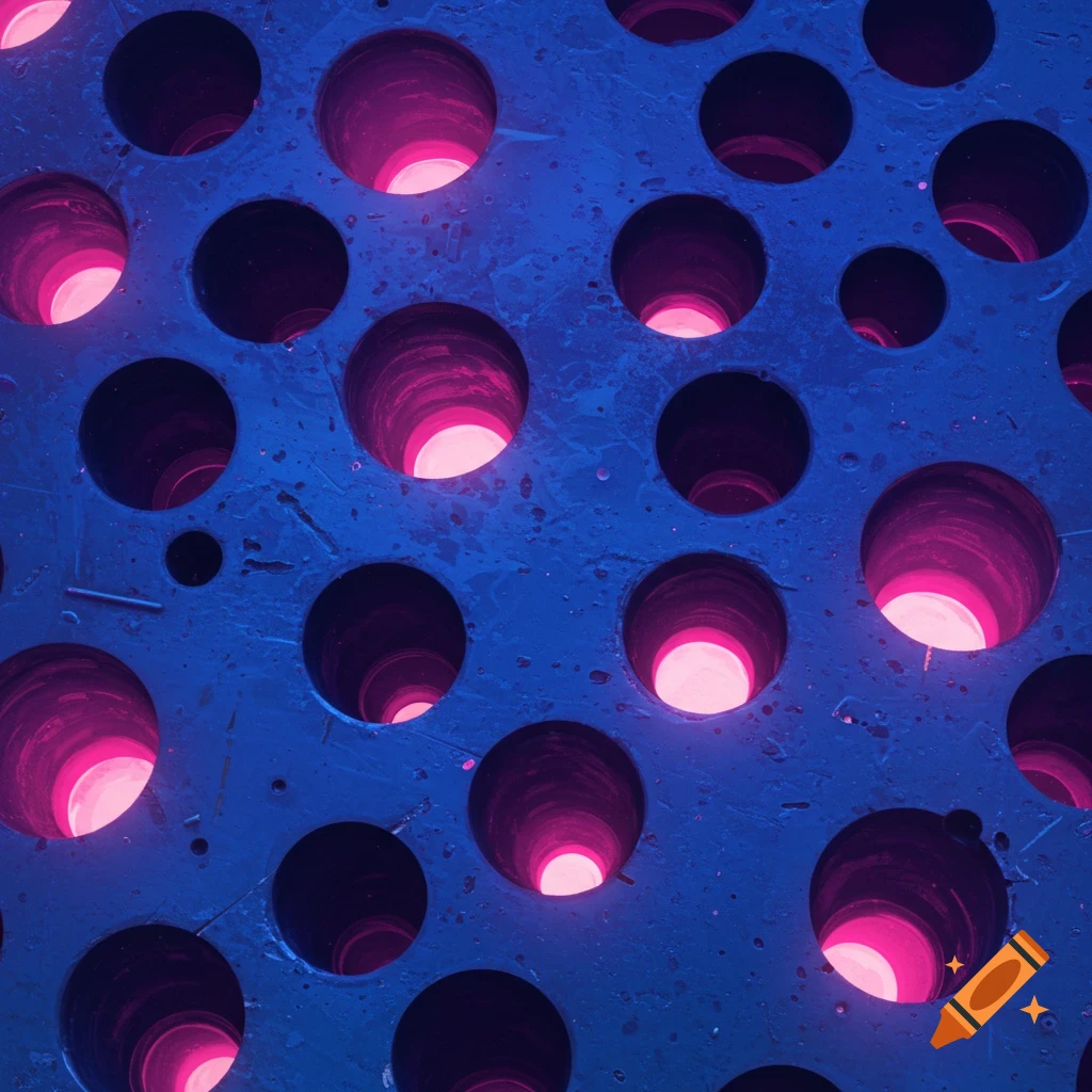 A close-up of a dark blue surface with multiple glowing pink holes of various sizes.