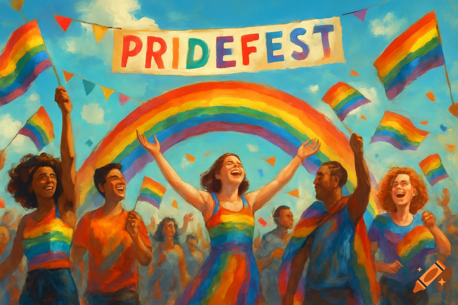 People celebrate at Pridefest under a rainbow arch, holding rainbow flags and banners, in a painterly style.
