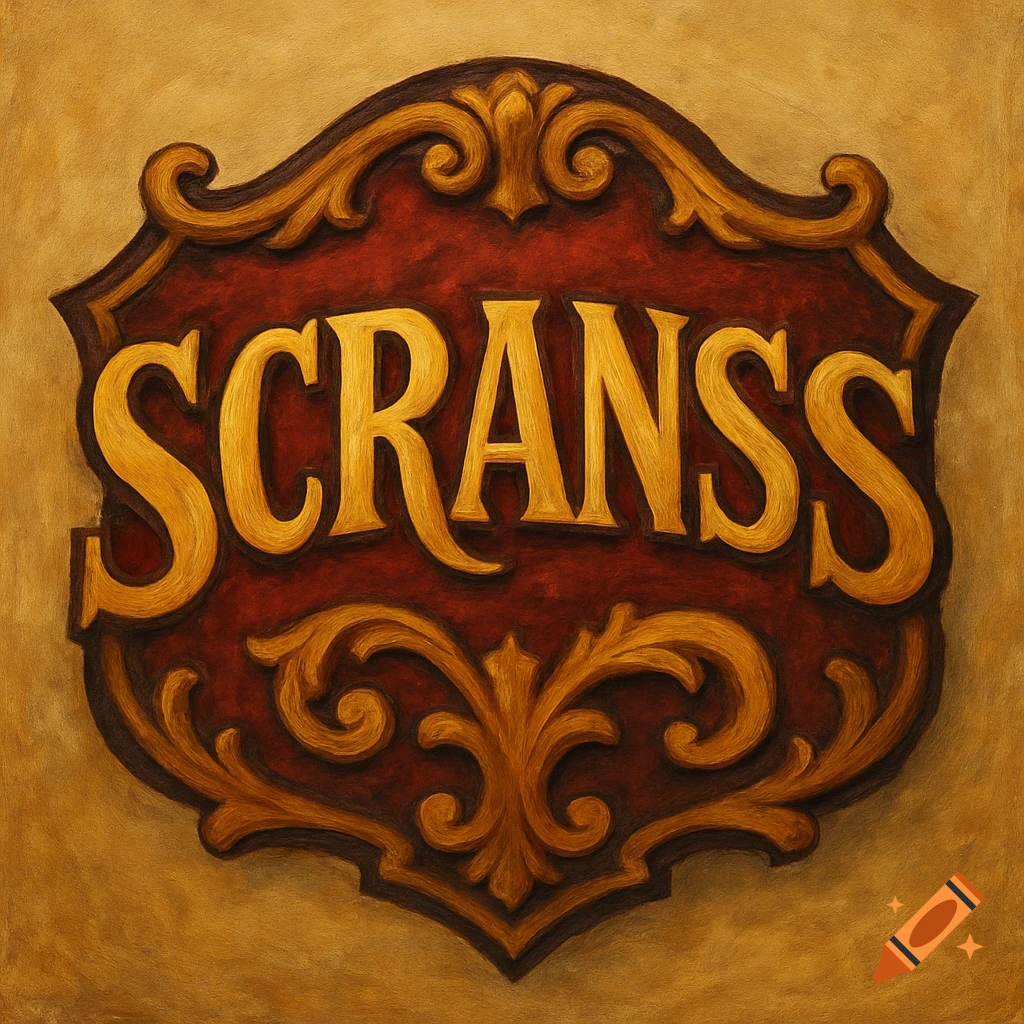 An ornate, gold and red wooden sign with the word SCRANSS carved in relief, set against a warm textured background.