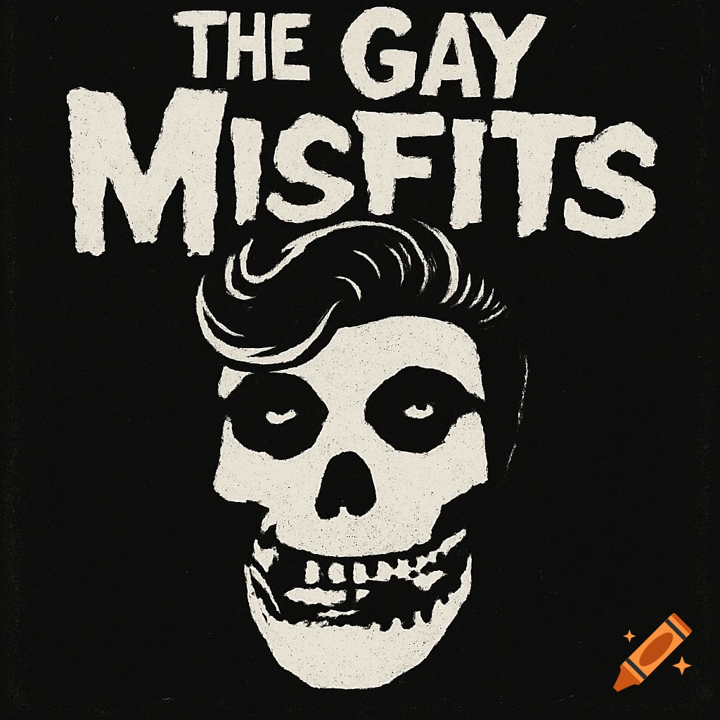 A black and white band logo features a white stylized skull with a pompadour hairstyle on a textured black background. Above the skull, the words "THE GAY MISFITS" are written in a distressed, blocky white font.