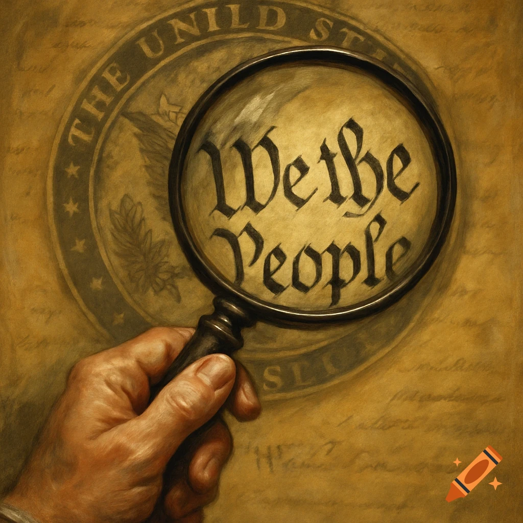 A hand holds a magnifying glass over 'We the People' on a vintage document with a US government seal.