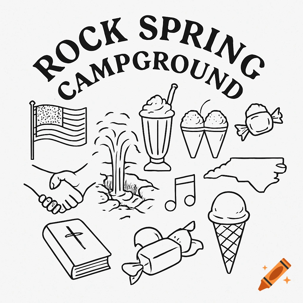 Black and white line drawing for 'ROCK SPRING CAMPGROUND' with illustrations of an American flag, geyser, food items, and symbols.