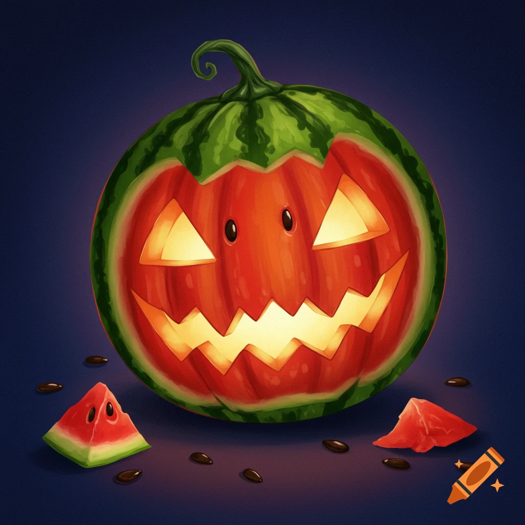 A digitally painted watermelon carved as a glowing jack-o'-lantern, with scattered seeds and slices on a dark background.