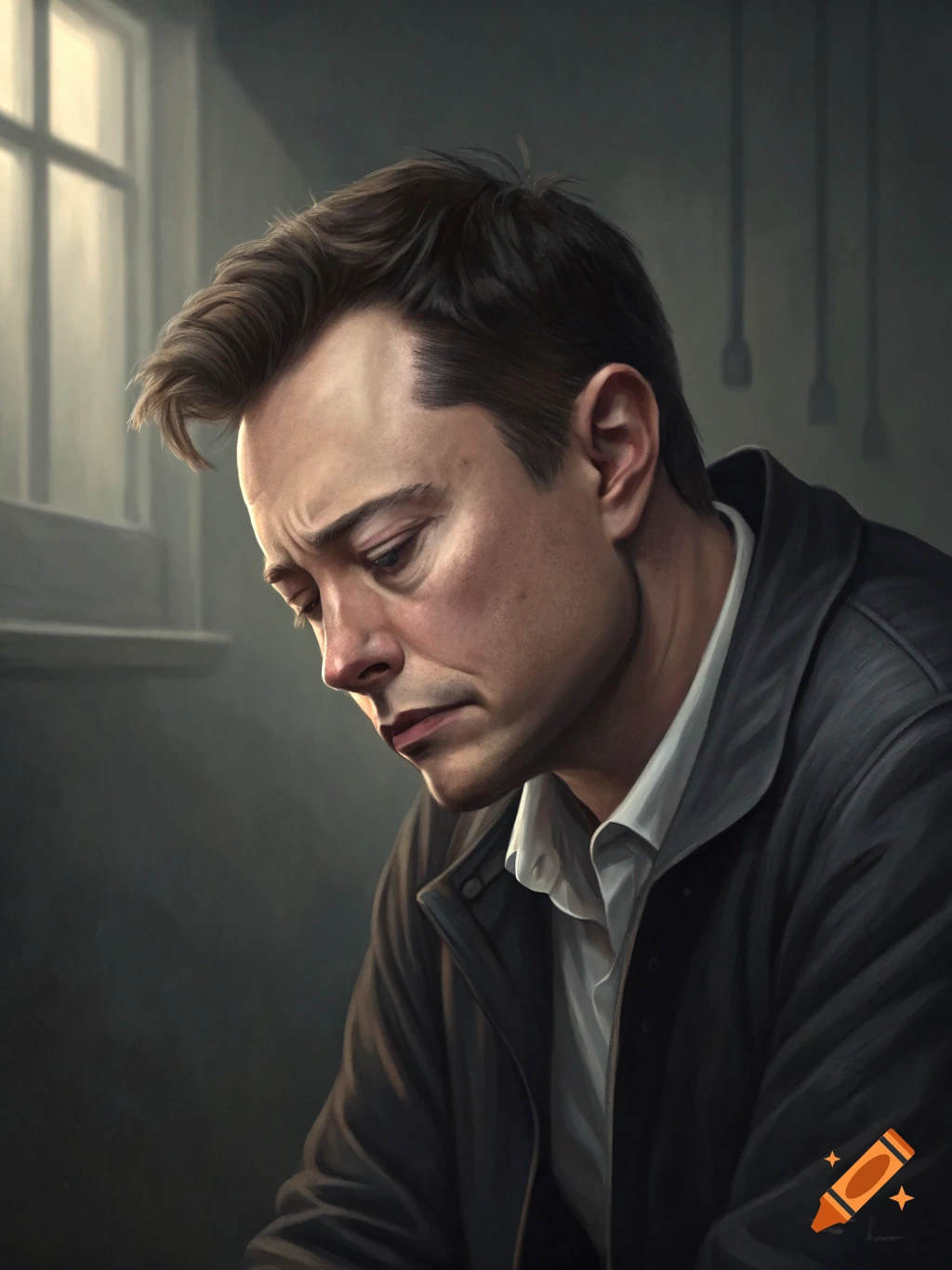 A photorealistic portrait of a sad-looking man resembling Elon Musk, looking down in a dimly lit room.